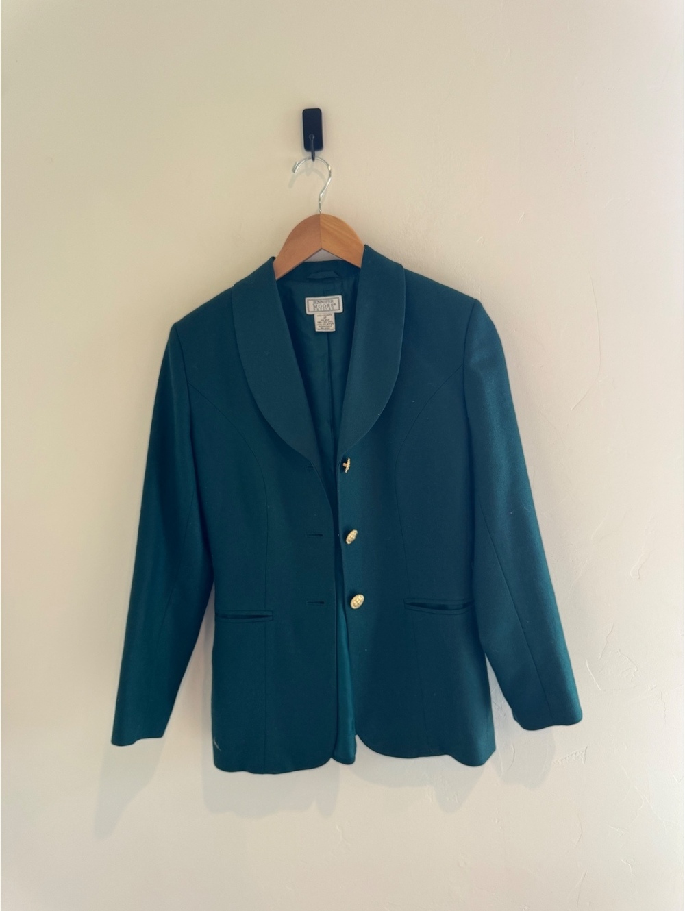 Vintage Jennifer Moore Petites Teal 100% Wool Blazer Size 4P Gold Buttons